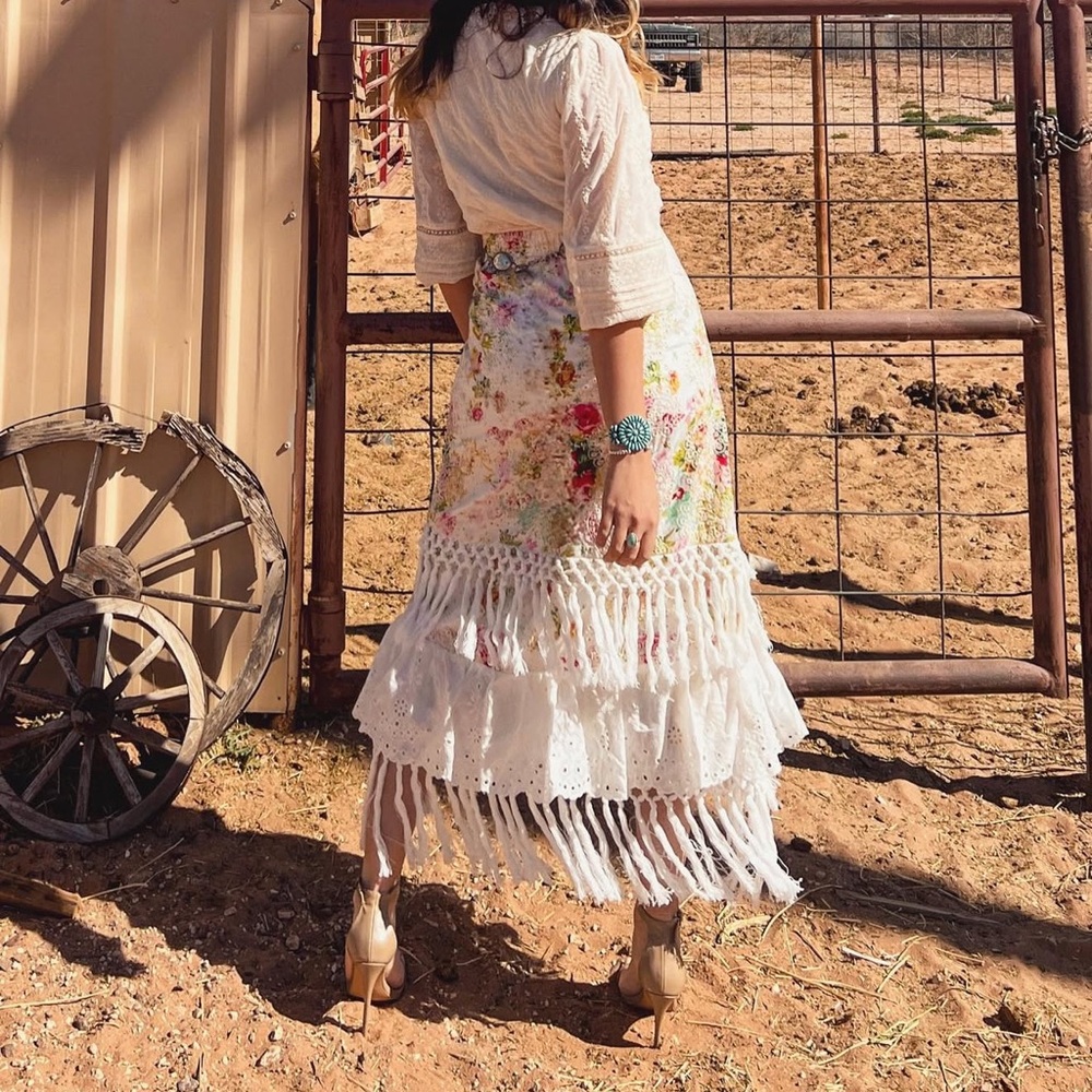 Miss Me Floral and White Fringe Skirt